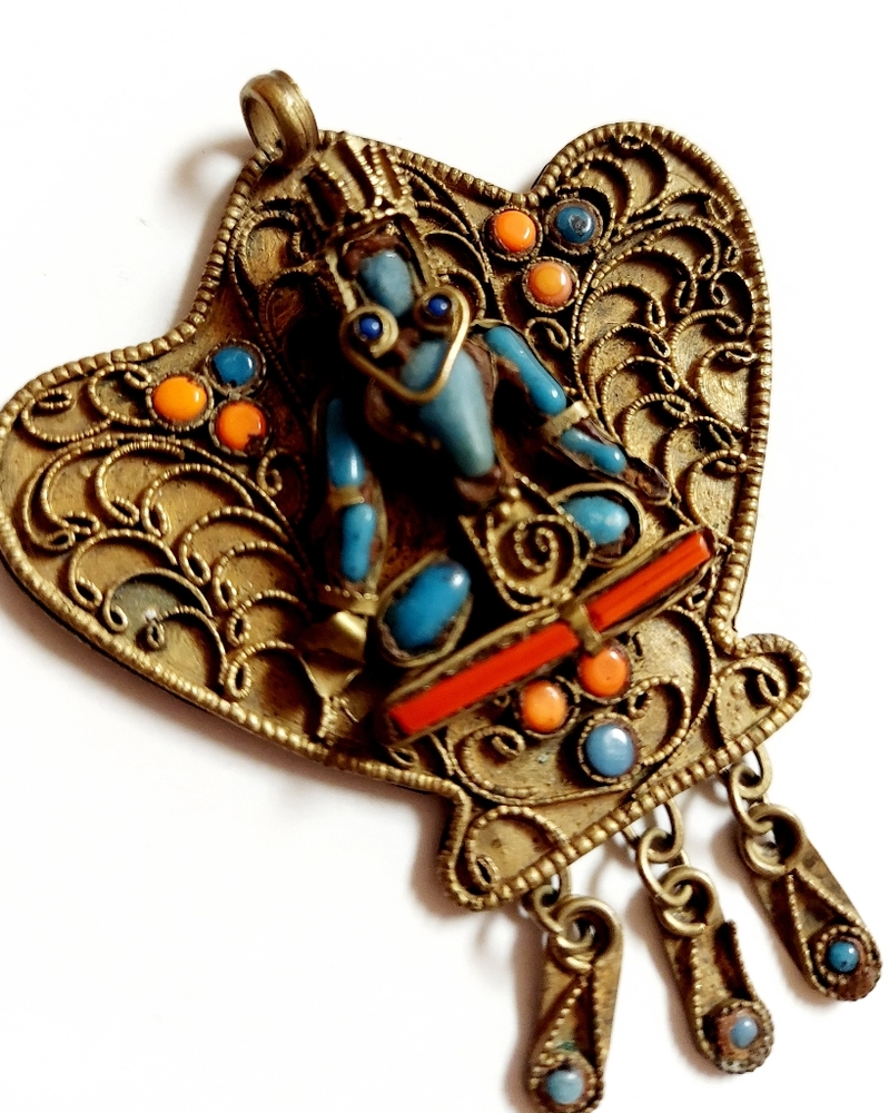 Vintage Nepal Tibetan Buddah coral turquoise Brass pendant Antique Neiger Egypt